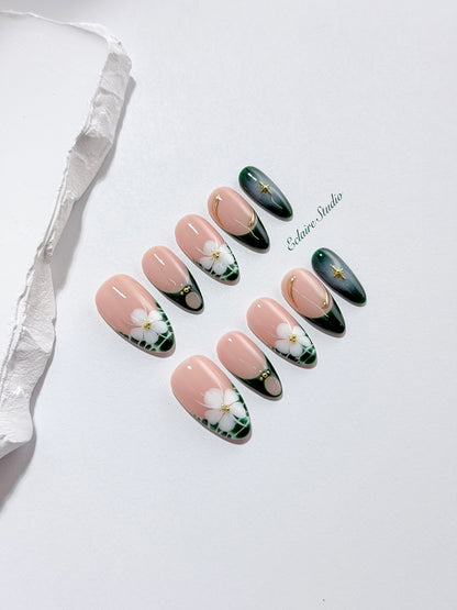 Jasmine rosy nude press-on nails with hand-painted jasmine blooms and gold accents – Éclaire Studio