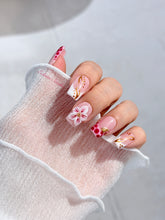 Marbella square press-on nails with wine watercolor French tips, gold swirls, starfish charms and 3D lily – Éclaire Studio