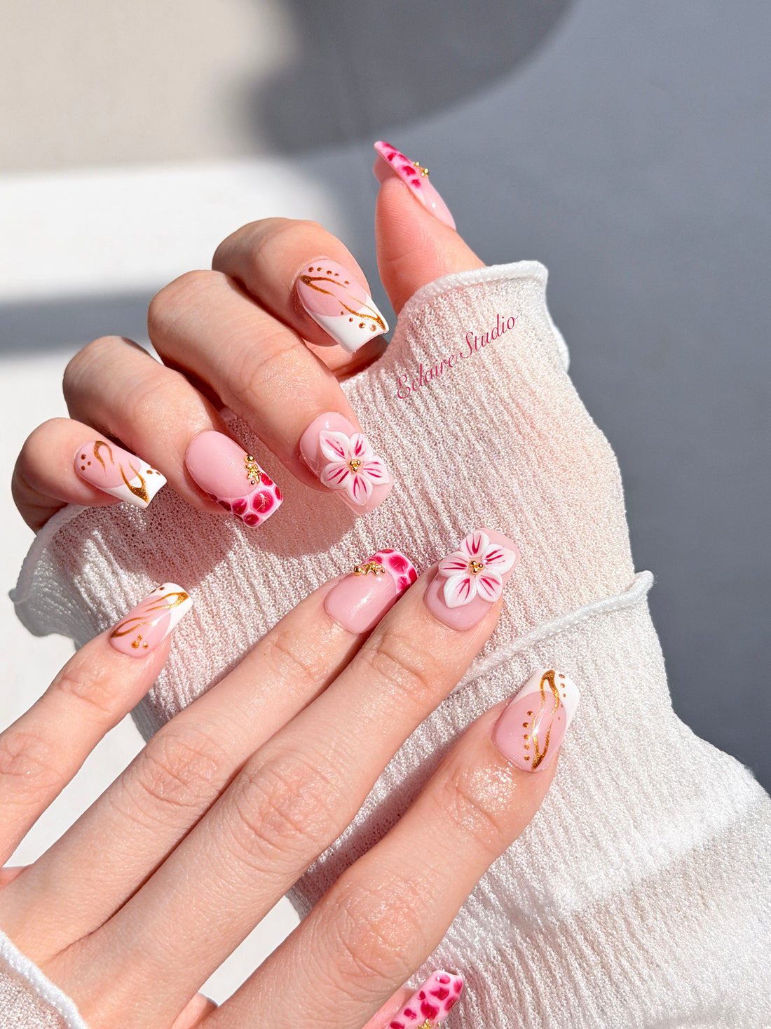 Marbella square press-on nails with wine watercolor French tips, gold swirls, starfish charms and 3D lily – Éclaire Studio