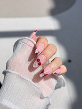 Cherry Kiss pink French press-on nails with wine florals, glossy 3D cherries and silver charms – Éclaire Studio
