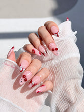 Cherry Kiss pink French press-on nails with wine florals, glossy 3D cherries and silver charms – Éclaire Studio