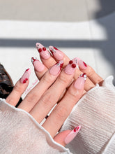 Cherry Kiss pink French press-on nails with wine florals, glossy 3D cherries and silver charms – Éclaire Studio