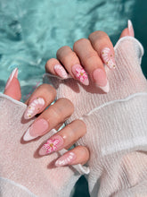 Belle Rose almond press-on nails with milky pink French tips, hand-painted petals and 3D floral accent – Éclaire Studio