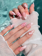 Belle Rose almond press-on nails with milky pink French tips, hand-painted petals and 3D floral accent – Éclaire Studio