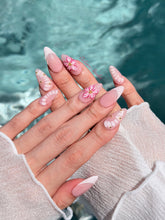 Belle Rose almond press-on nails with milky pink French tips, hand-painted petals and 3D floral accent – Éclaire Studio