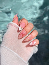 Rose Doré milky pink press-on nails with sculpted gold-traced 3D rose and pearls – Éclaire Studio