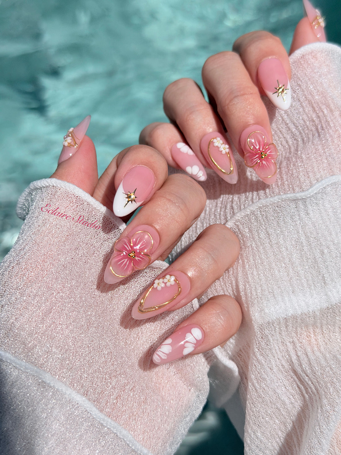 Rose Doré milky pink press-on nails with sculpted gold-traced 3D rose and pearls – Éclaire Studio