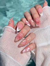 Rose Doré milky pink press-on nails with sculpted gold-traced 3D rose and pearls – Éclaire Studio