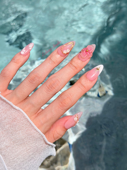 Rose Doré milky pink press-on nails with sculpted gold-traced 3D rose and pearls – Éclaire Studio