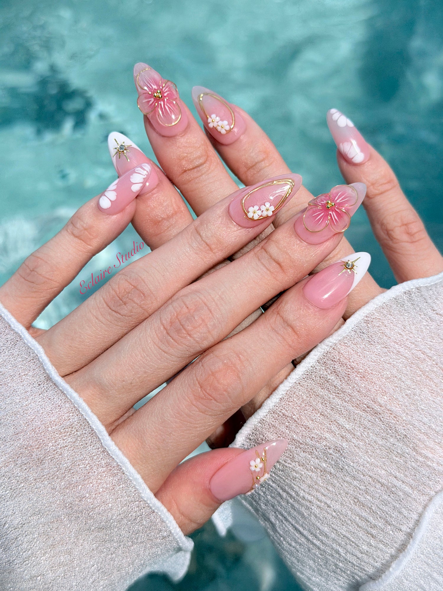 Rose Doré milky pink press-on nails with sculpted gold-traced 3D rose and pearls – Éclaire Studio