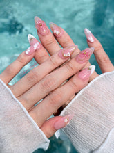 Rose Doré milky pink press-on nails with sculpted gold-traced 3D rose and pearls – Éclaire Studio