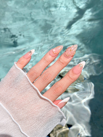 Golden Fleur white French tip press-on nails with 3D cherry blossom florals and gold starbursts – Éclaire Studio