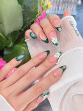 Jasmine rosy nude press-on nails with hand-painted jasmine blooms and gold accents – Éclaire Studio