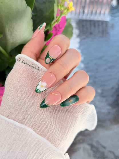 Jasmine rosy nude press-on nails with hand-painted jasmine blooms and gold accents – Éclaire Studio